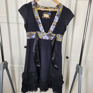 Free People ruffle black and floral hem dress with front tie, size 2